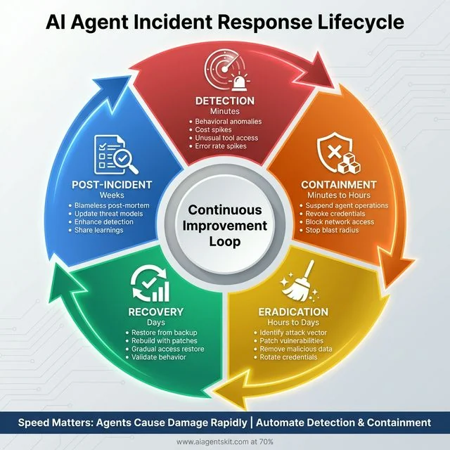 AI Agent Incident Response Lifecycle showing five phases in continuous improvement loop: Detection (Minutes), Containment (Minutes to Hours), Eradication (Hours to Days), Recovery (Days), and Post-Incident (Weeks)