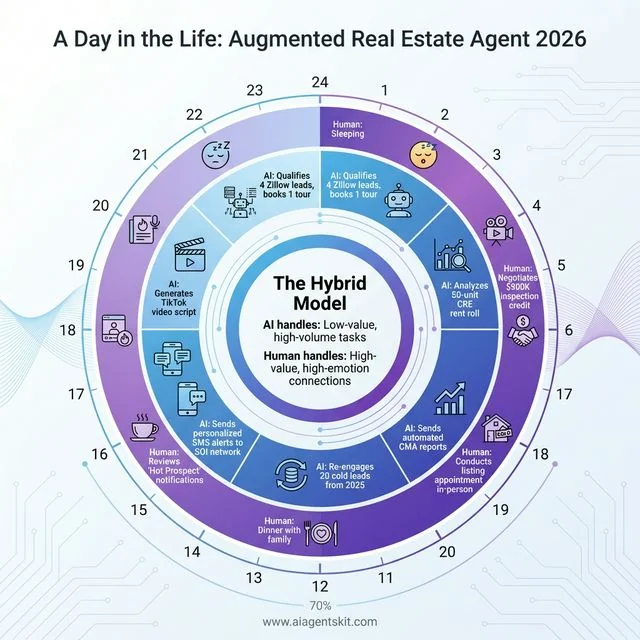 Day in the life of augmented real estate agent 2026 showing 24-hour workflow: AI handles 3 AM lead qualification, SMS alerts, CMA generation while human conducts appointments and negotiations