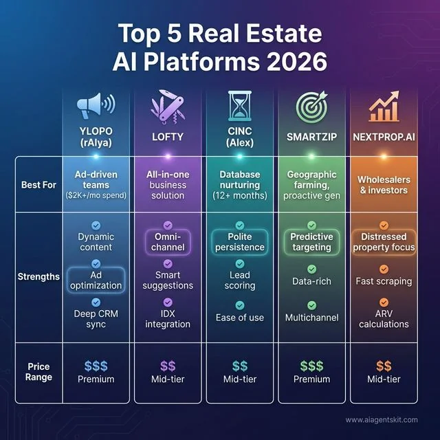 Top 5 real estate AI platforms 2026 comparison: Ylopo for ad-driven teams, Lofty all-in-one solution, CINC for database nurturing, SmartZip for geographic farming, NextProp for wholesalers and investors