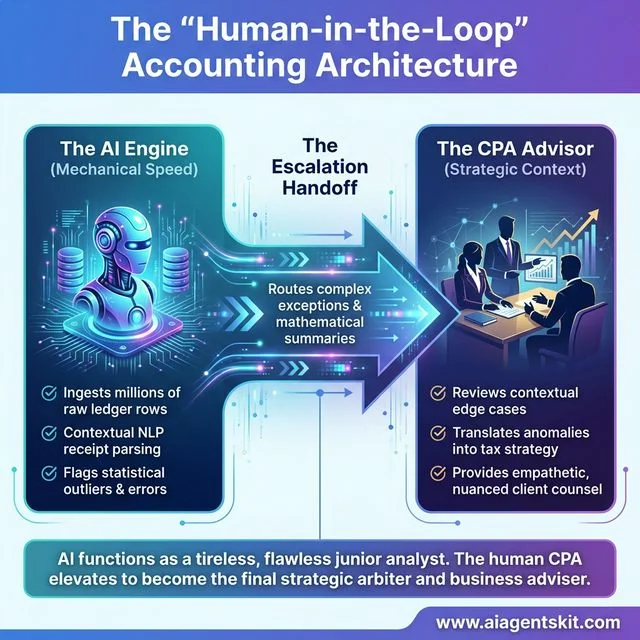 Workflow architecture indicating raw financial data ingested natively by an AI engine at mechanical speed followed by structured escalation handoffs to a human CPA advisor who manages complex strategic business contexts