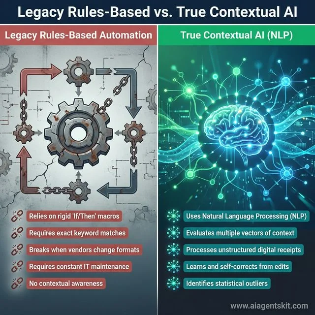 Side-by-side diagram comparing brittle legacy rules-based if-then software macros against dynamic true contextual artificial intelligence powered by natural language processing and continuous machine learning models