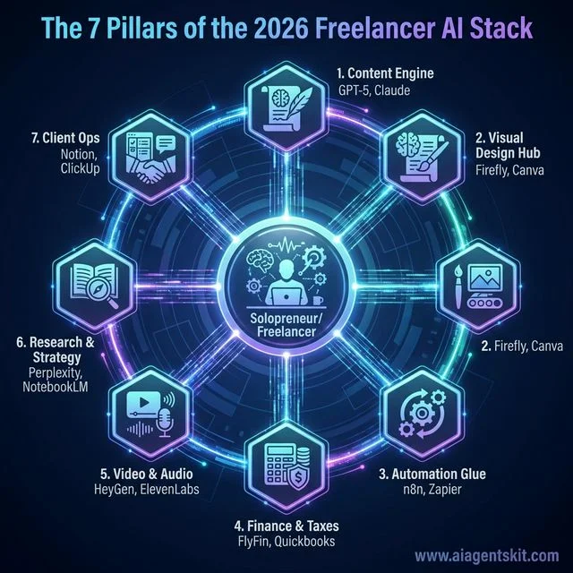 Diagram illustrating the 7 pillars of the 2026 freelancer AI stack including content engine visual design automation glue finance video audio research and client ops