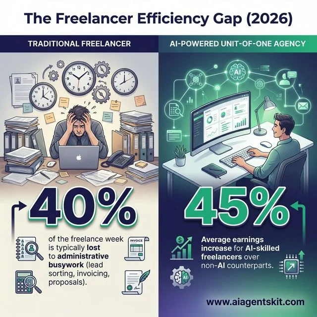 Infographic showing the freelancer efficiency gap where 40 percent of the week is lost to busywork while AI-skilled freelancers earn 45 percent more than non-AI counterparts