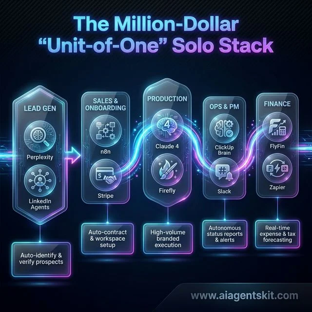 Workflow infographic of the million dollar unit of one solo stack showing lead gen sales onboarding production project management and finance automation