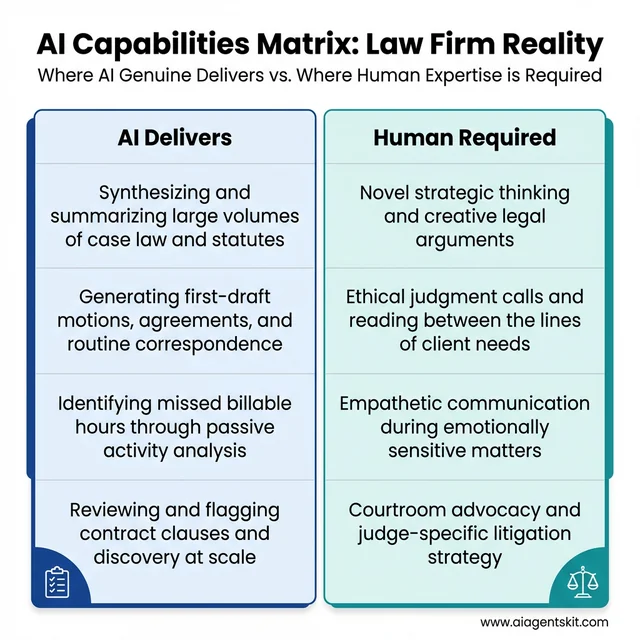 Infographic: Comparison chart showing AI capabilities in law firms. AI excels at synthesis, first drafts, and passive billing; humans are required for strategy, empathy, and advocacy.