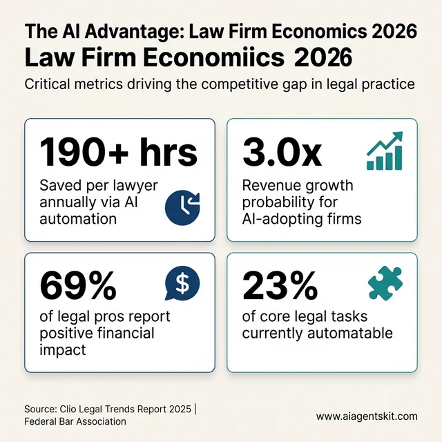Infographic: Law firm AI economics: 190+ hours saved per lawyer, 3x revenue growth, 69% report positive financial impact, and 23% of tasks automatable.