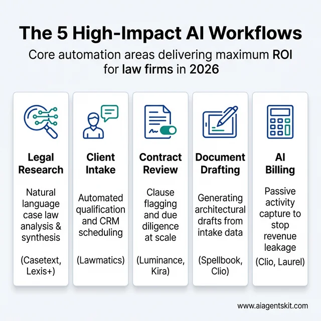 Infographic: A breakdown of 5 high-impact AI workflows in law: Legal Research, Client Intake, Contract Review, Document Drafting, and AI Billing.