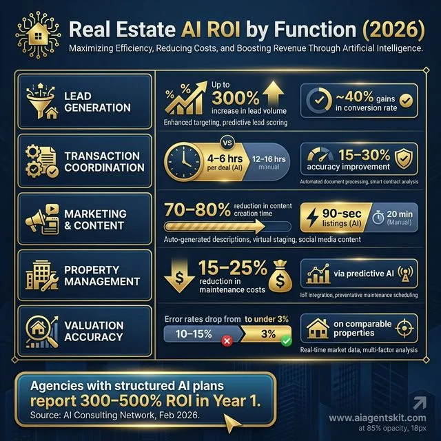 Data visualization infographic showing real estate AI return on investment by function including 300 percent lead generation gains 4 to 6 hour transaction coordination reduction 70 to 80 percent marketing time savings and valuation error rates dropping from 15 percent to under 3 percent