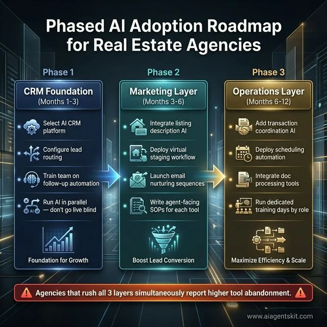 Three phase timeline roadmap illustrating how real estate agencies should implement AI starting with CRM foundation in months one to three marketing layer in months three to six and operations automation in months six to twelve