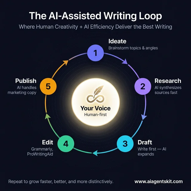 AI-assisted writing workflow loop diagram showing the 5-step iterative process: Ideate, Research, Draft, Edit, Publish