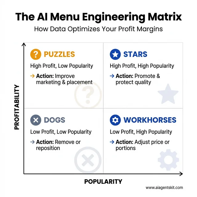 The AI Menu Engineering Matrix showing Stars, Puzzles, Workhorses, and Dogs