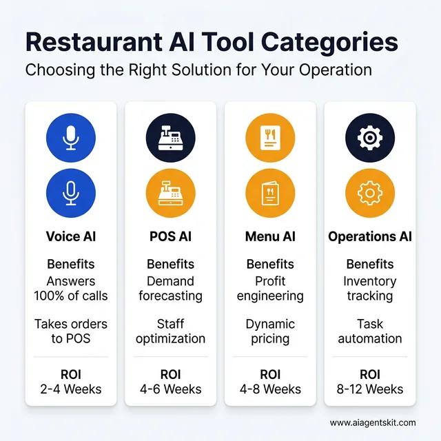 Matrix of restaurant AI tool categories including Voice AI, POS AI, Menu AI, and Operations AI