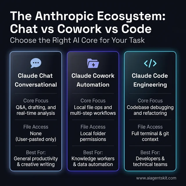 Claude Chat vs Cowork vs Code Comparison Matrix