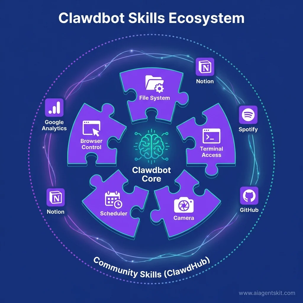 Moltbot (Clawdbot) Skills Ecosystem Diagram showing Core capabilities and Plugin modules