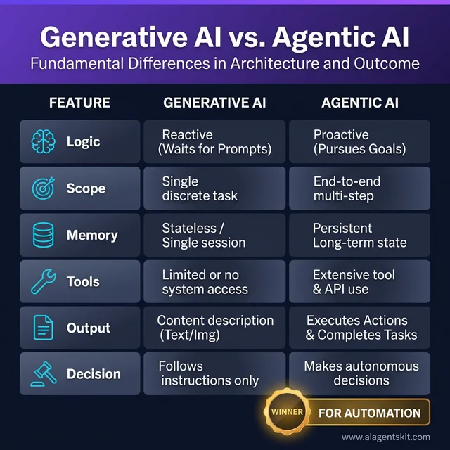 Generative AI vs Agentic AI: Feature Comparison Matrix