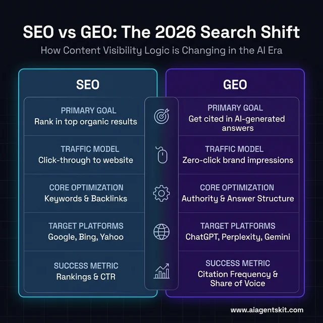 GEO vs SEO comparison table for 2026 search