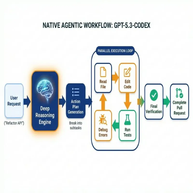Flowchart demonstrating the native agentic workflow of GPT-5.3-Codex from user request to parallel execution loop and final verification