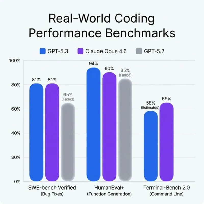 Bar chart comparing real-world coding benchmarks for GPT-5.3-Codex, Claude Opus 4.6, and GPT-5.2 across SWE-bench and HumanEval