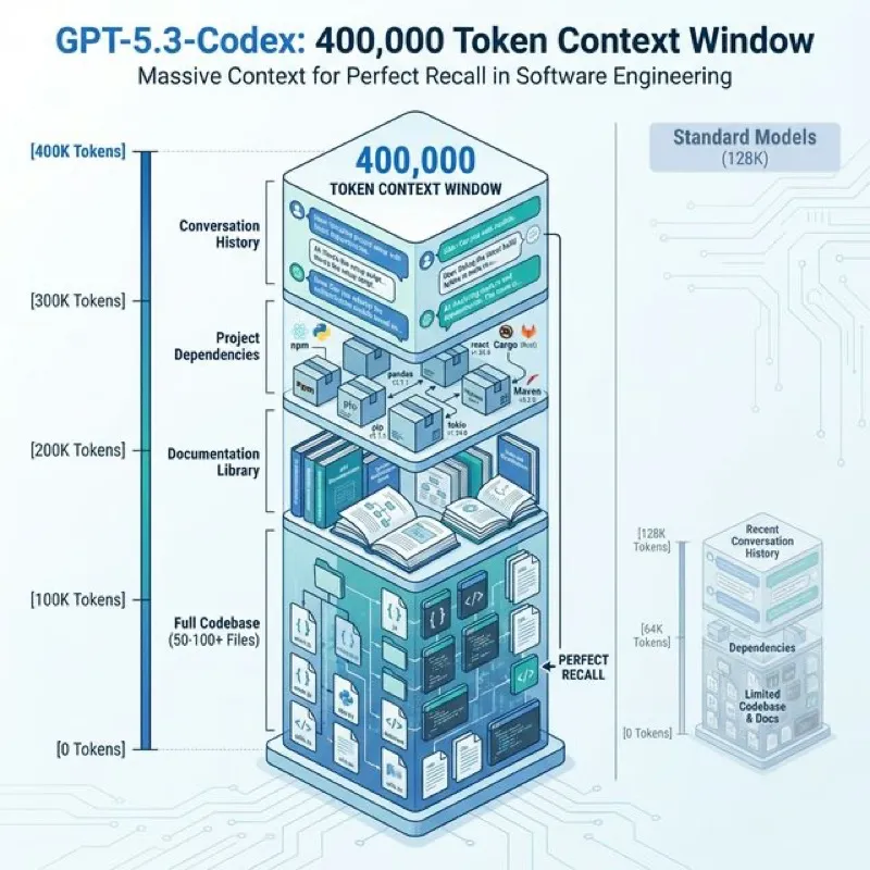 Infographic illustrating the 400,000 token context window of GPT-5.3-Codex holding a full code stack including codebase docs and dependencies