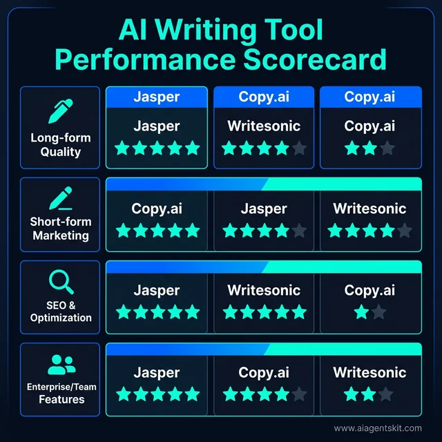 AI writing performance scorecard 2026 comparing Jasper Copy.ai and Writesonic across writing SEO and team metrics