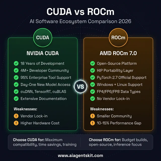 CUDA vs ROCm AI software ecosystem comparison showing strengths, weaknesses, and use cases for each platform