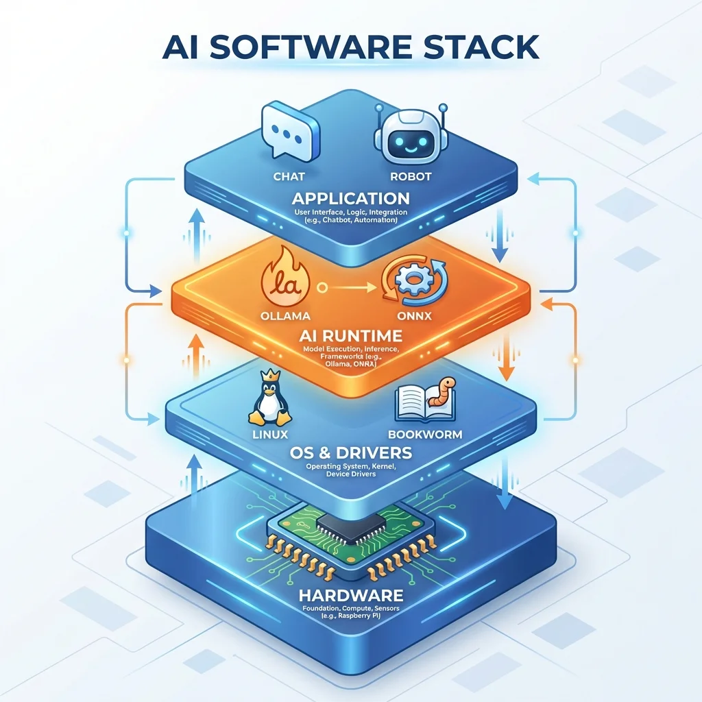 Components of the Raspberry Pi AI software stack: Hardware, OS, Runtimes, and Applications