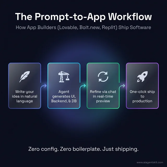 Prompt-to-app workflow diagram showing the 4 steps: Describe, Scaffold, Iterate, and Deploy for AI app builders