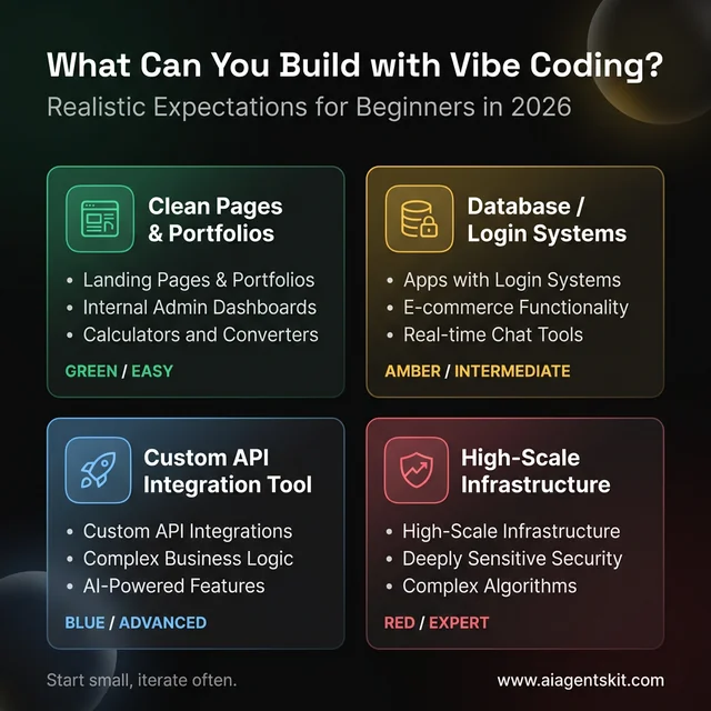Vibe coding achievability matrix for beginners in 2026 showing easy to expert project categories