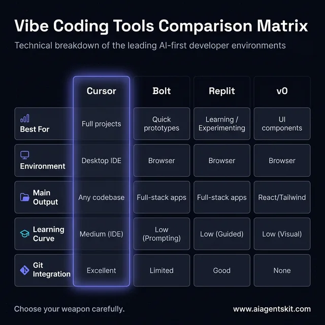 Vibe Coding Tools Comparison Matrix: Technical analysis of Cursor, Bolt, Replit, and v0 for modern developers