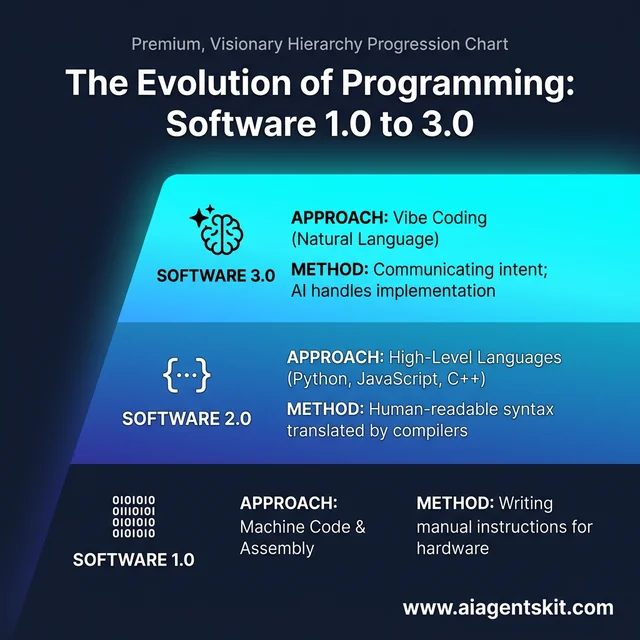 The evolution of programming from Software 1.0 machine code to Software 3.0 vibe coding 2026