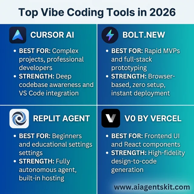 Vibe coding tools comparison matrix 2026 including Cursor, Bolt, Replit, and v0