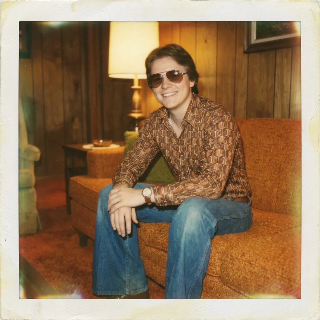 70s vintage style family photo with polaroid border and retro fashion