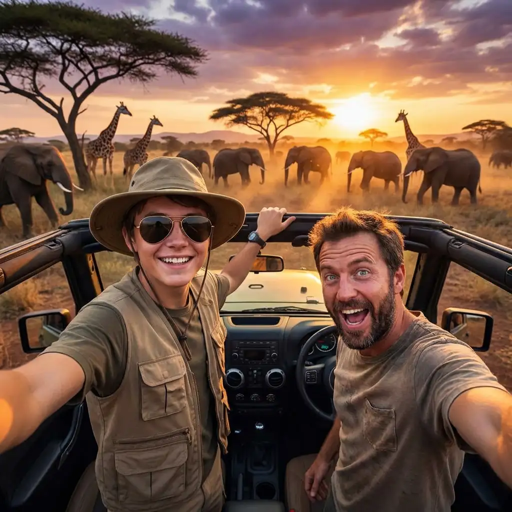 Safari jeep selfie with elephants and giraffes in golden hour African savanna