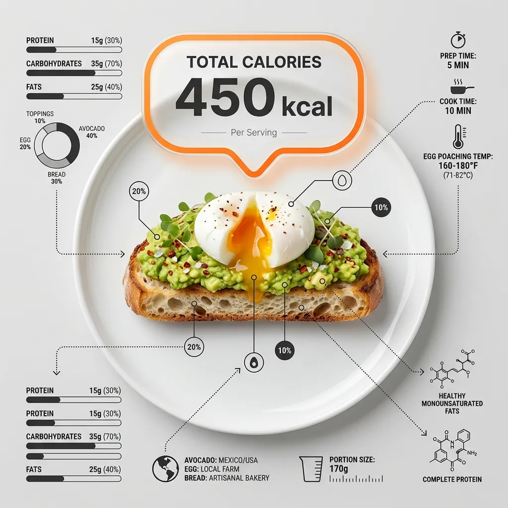 Clean food infographic of avocado toast with calorie bubble generated with Nano Banana style