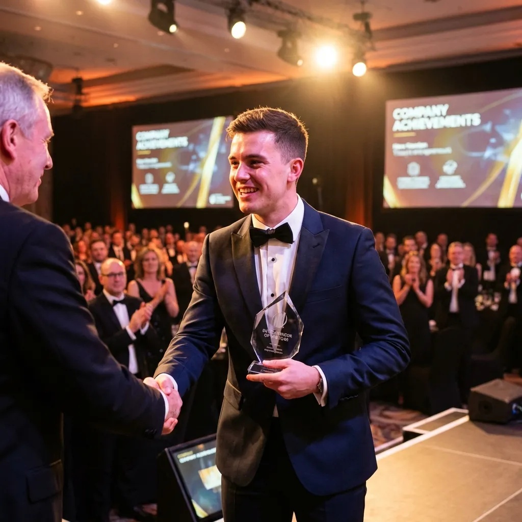 Young entrepreneur receiving award on stage with spotlight