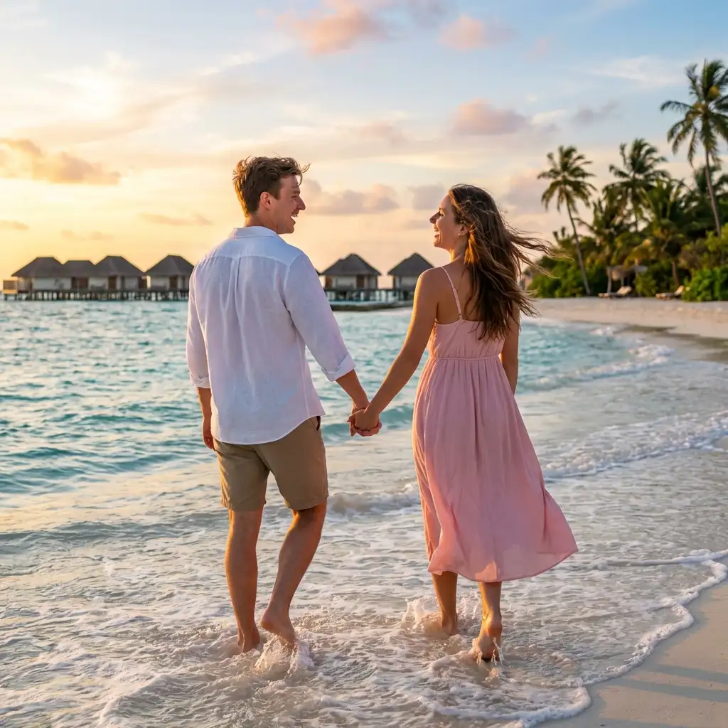 Romantic couple walking on Maldives beach at sunset generated with Nano Banana travel style