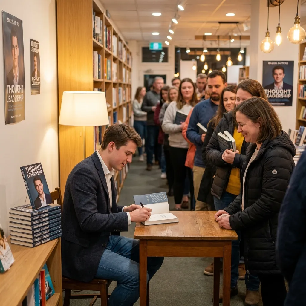 Young author signing books for long line of fans in bookstore