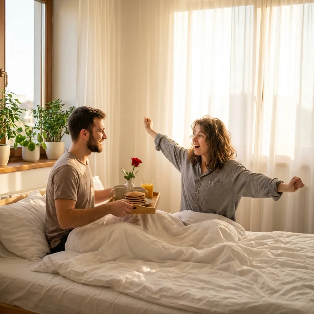 Young man bringing breakfast in bed to surprised girlfriend in sunlit bedroom