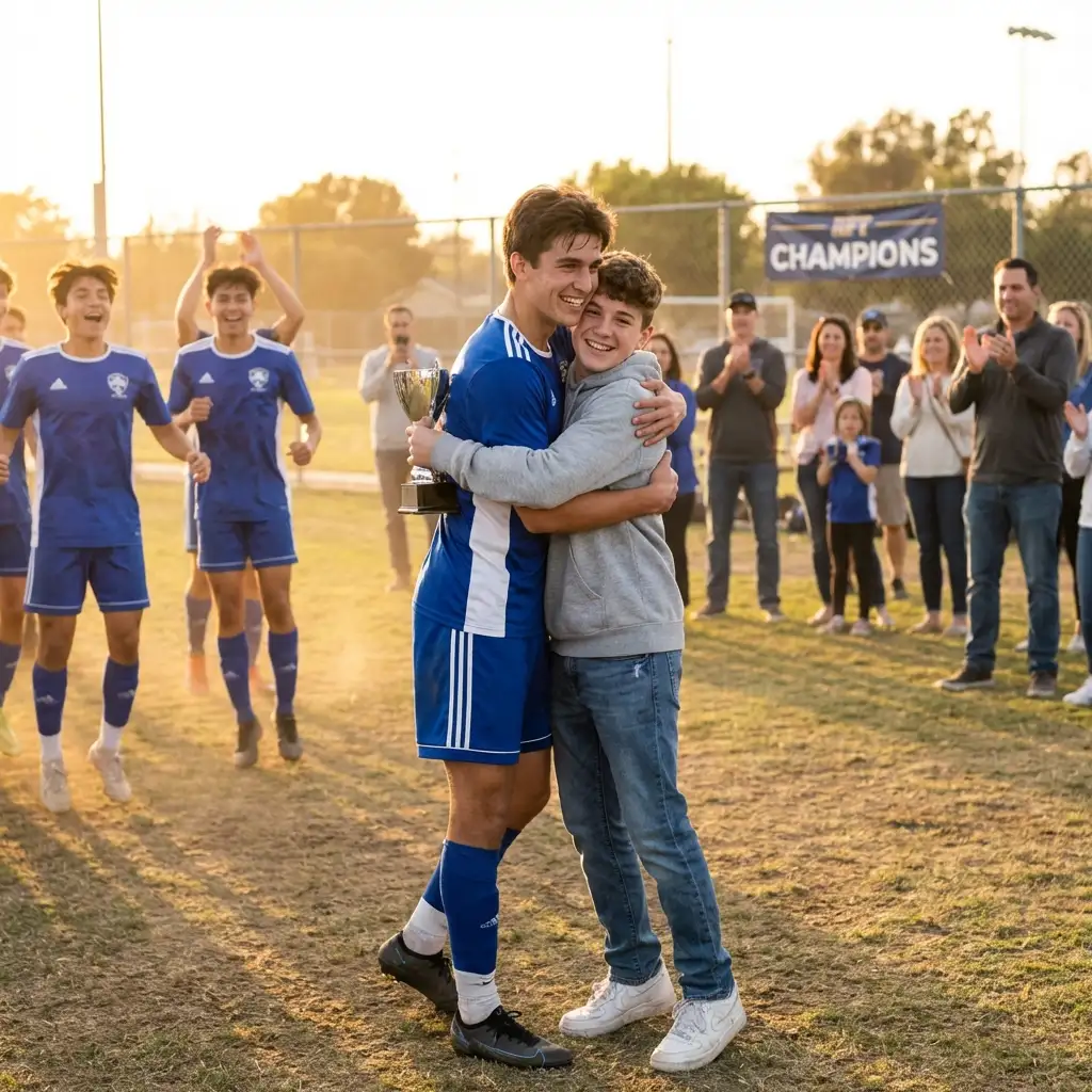Big brother hugging excited younger brother winning soccer championship
