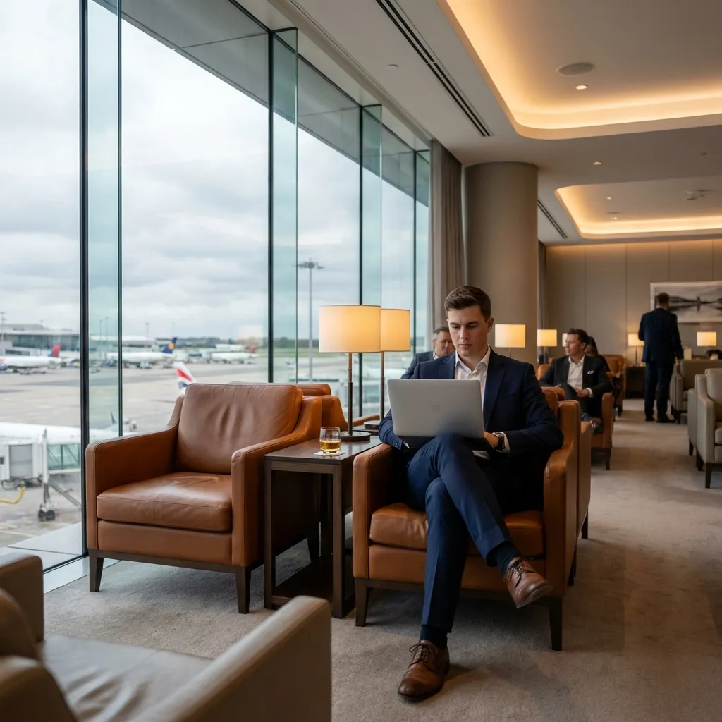 Executive working on laptop in premium airport business lounge