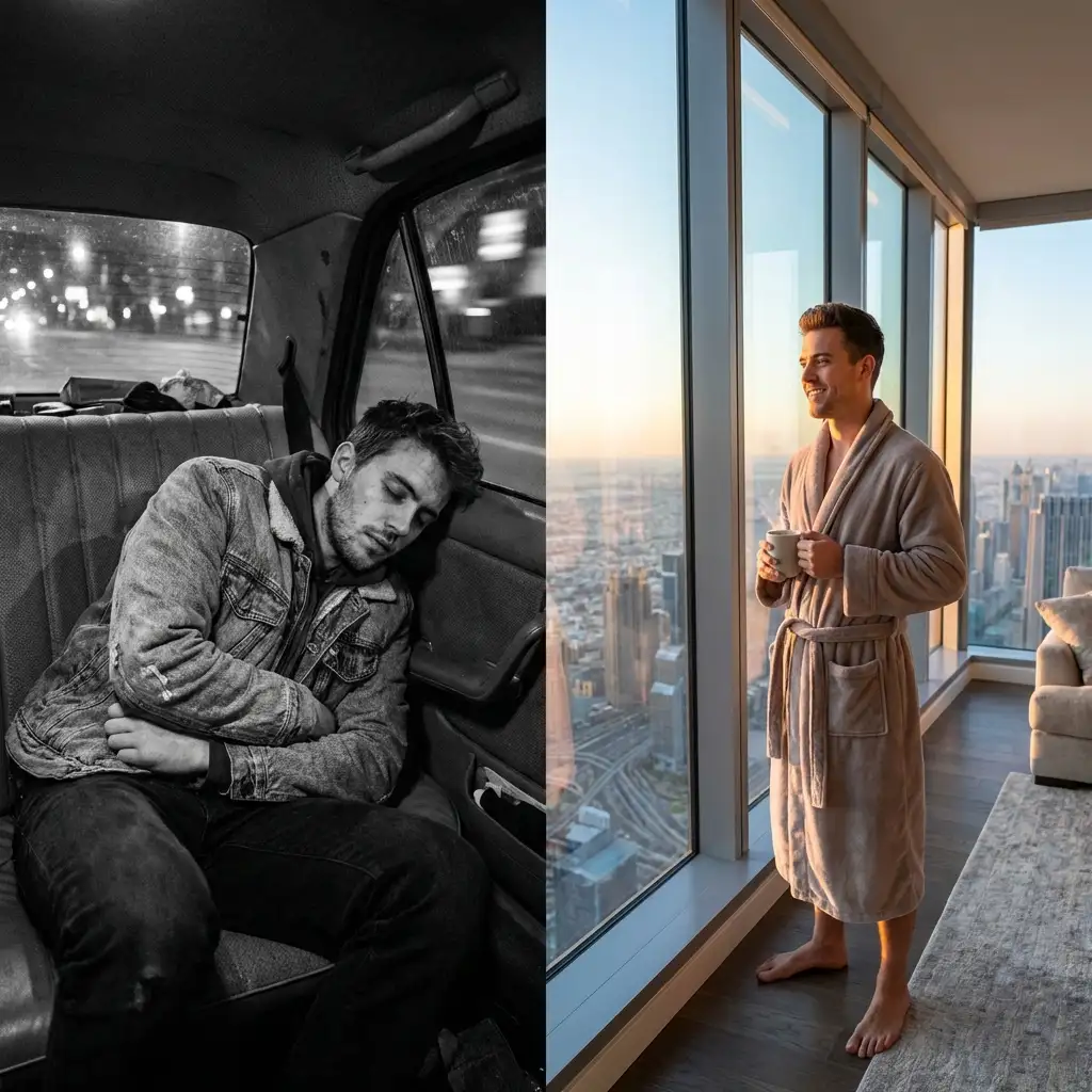 Split screen transformation from sleeping in car to luxury penthouse success visualization
