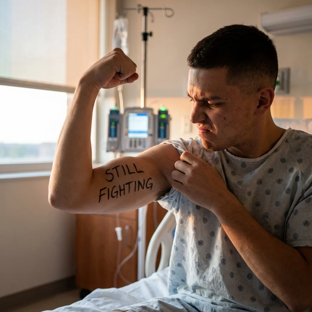 Nano Banana cinematic portrait of chronic illness warrior showing strength in hospital