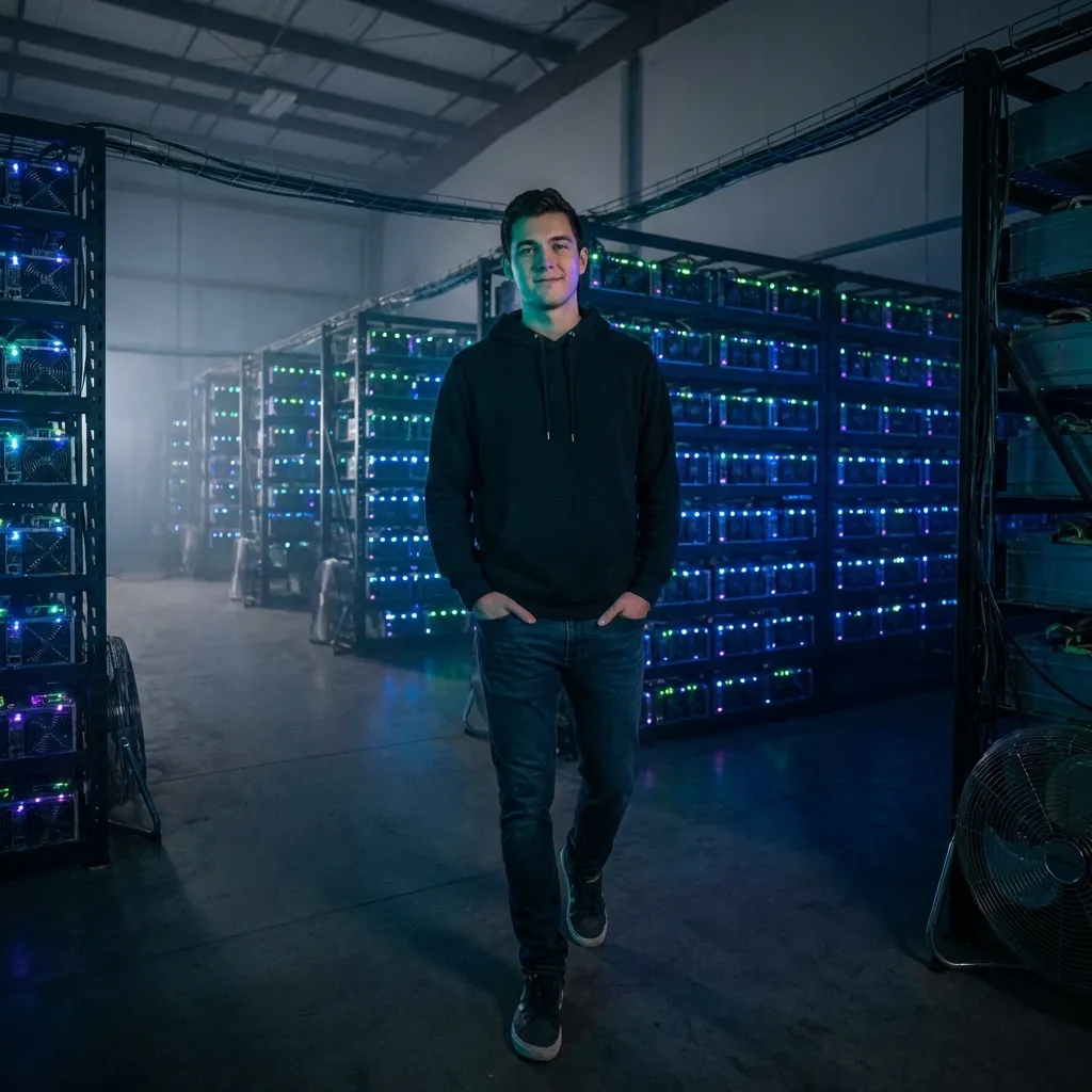 Young tech entrepreneur walking through cryptocurrency mining facility