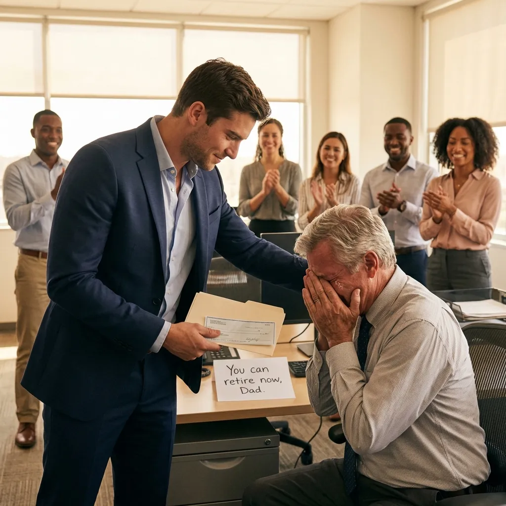 Son surprising father with retirement papers and check at office