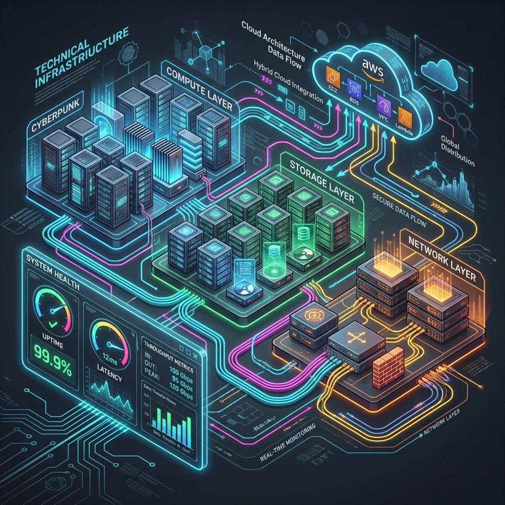 Isometric data center infrastructure diagram with network topology