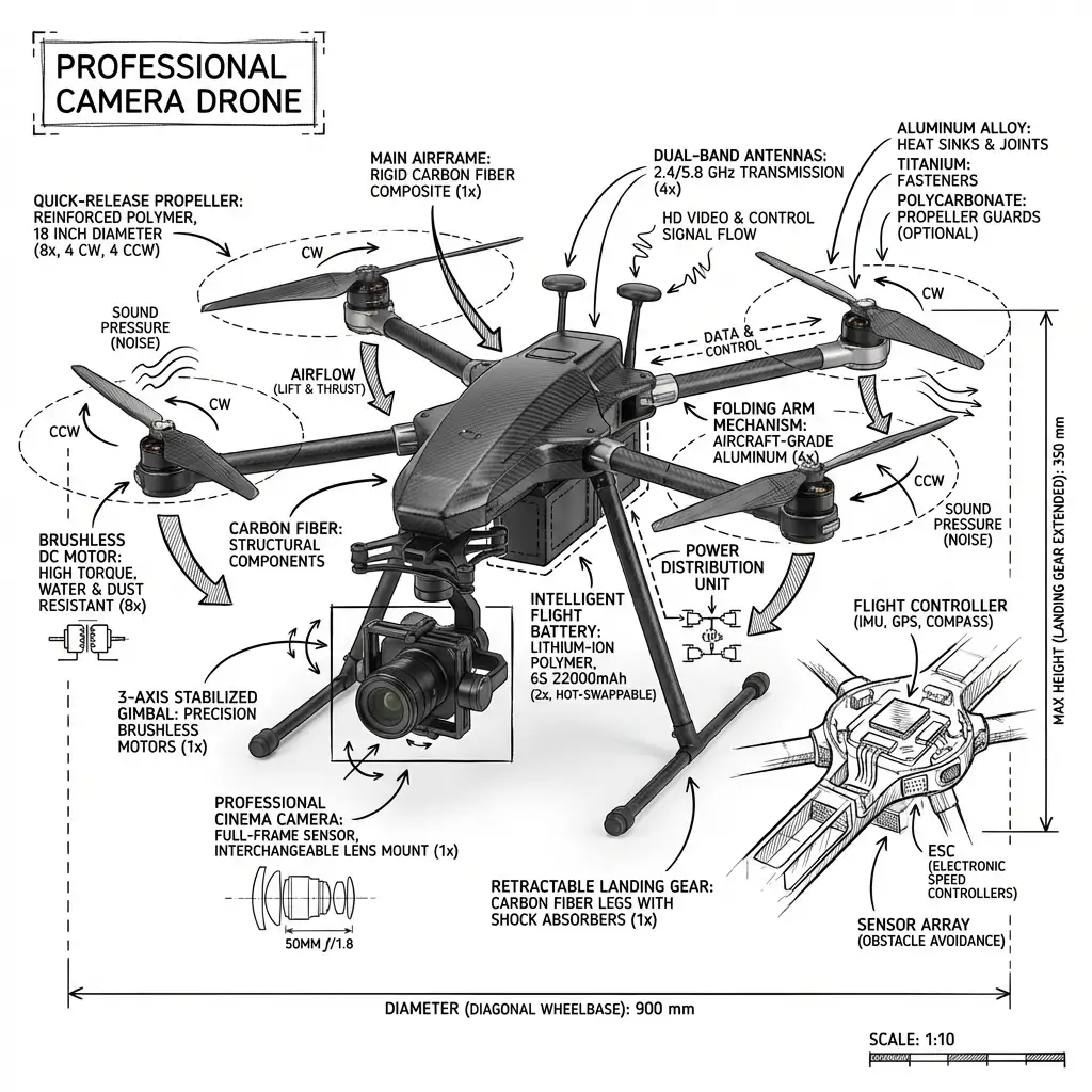 Clean technical infographic overlay of professional camera drone with component labels