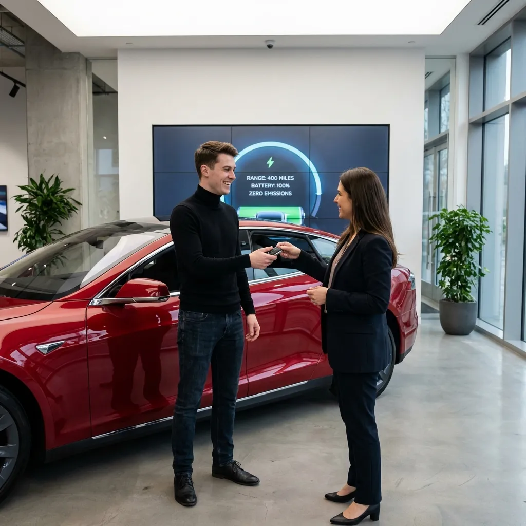 Tech entrepreneur taking delivery of new red electric sedan in showroom