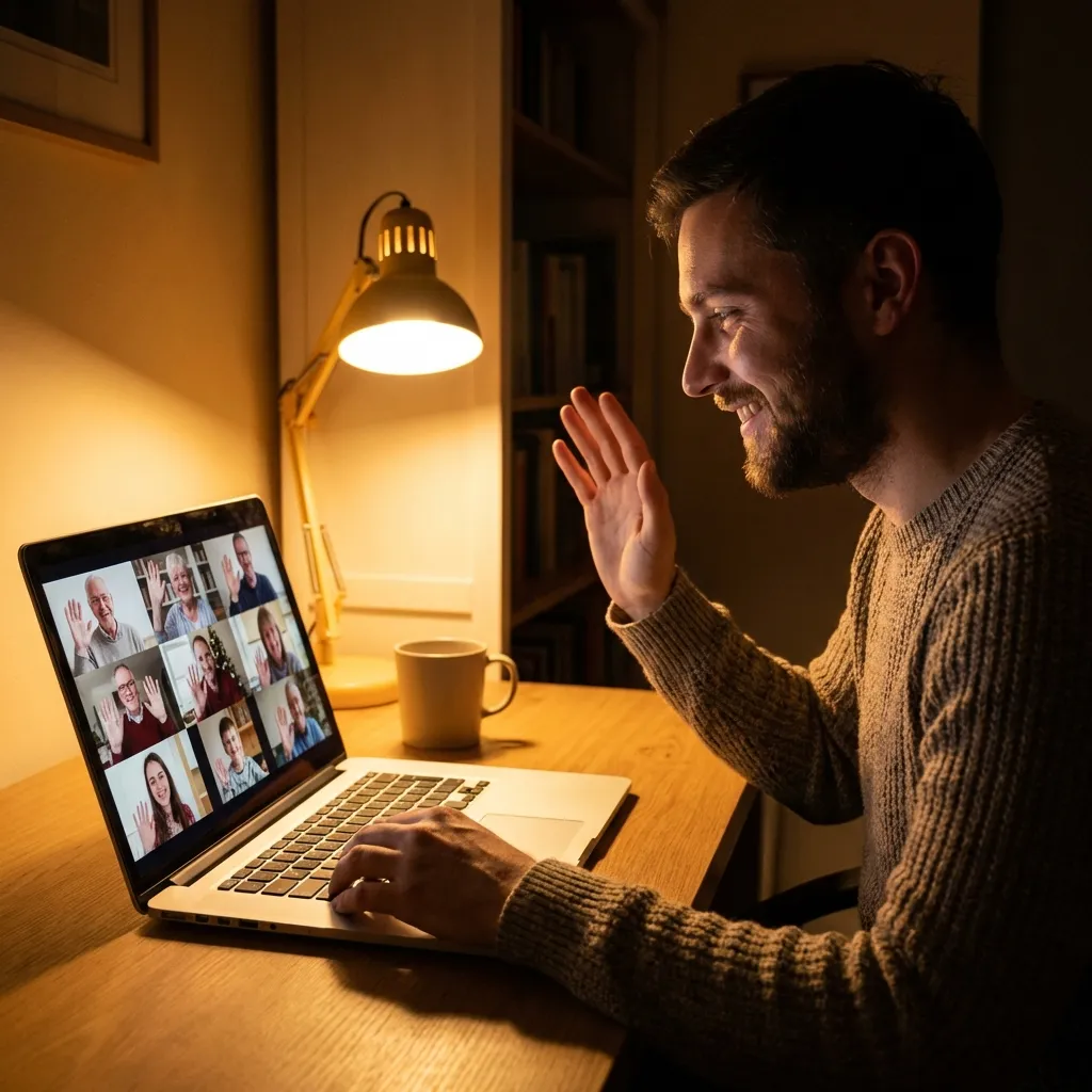 Family video call on laptop in cozy home office