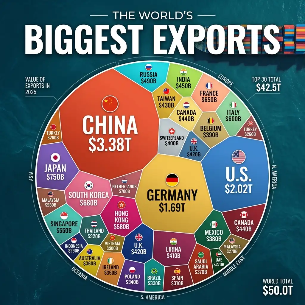 Vector infographic of world's biggest exports by country with circular treemap