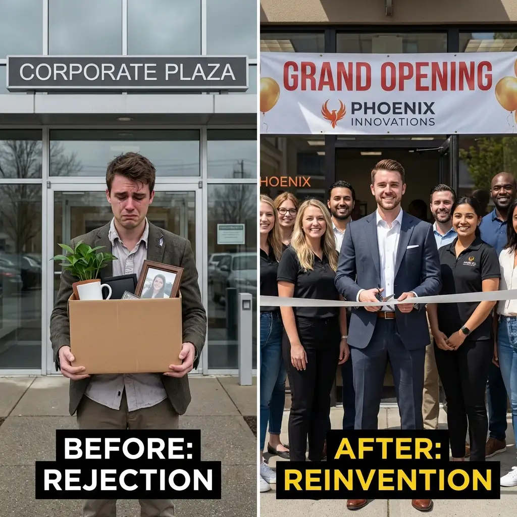Split screen showing man getting fired versus same man opening his own business storefront